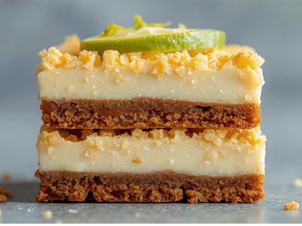 Macro Key Lime Pie Bar with glossy key lime filling and crisp graham layer.