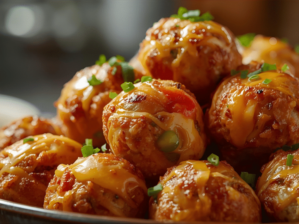V2 Alt: Golden Rotel Cream Cheese Sausage Balls with visible tomato and chili specks; 