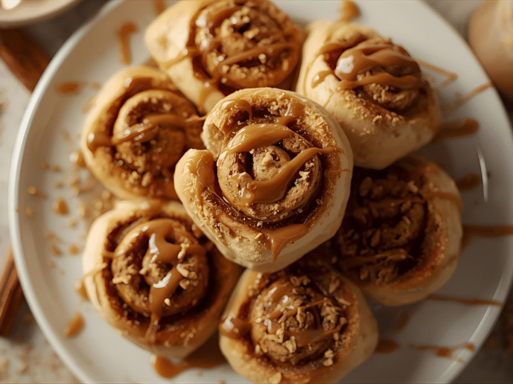 Alt: Soft Biscoff cinnamon rolls with cream cheese cookie butter glaze.