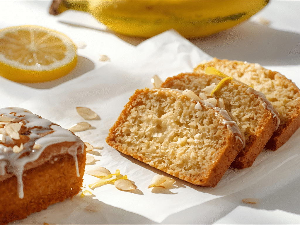 Slice of lemon banana bread showing tender crumb and glaze.​