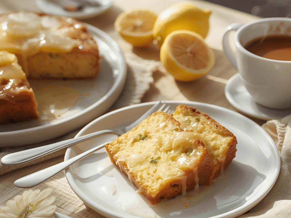 Zesty lemon zucchini quick bread with glossy glaze and soft crumb, sliced for serving