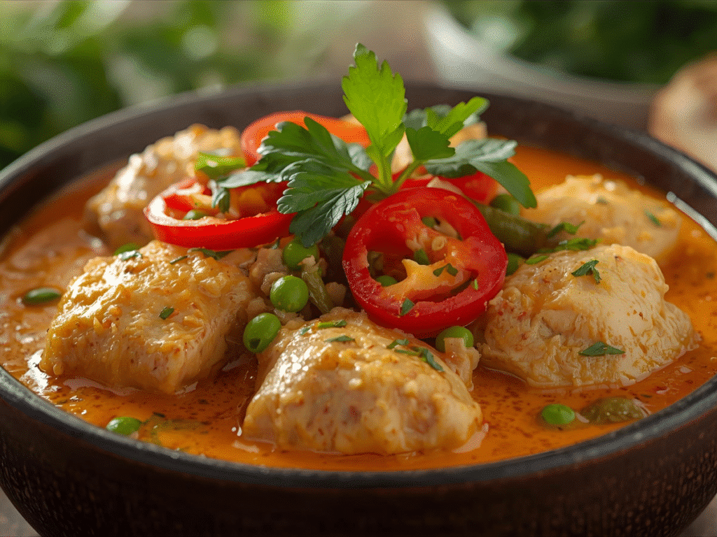 Chicken Coconut curry with coconut lime finish and cilantro garnish served beside jasmine rice.​
