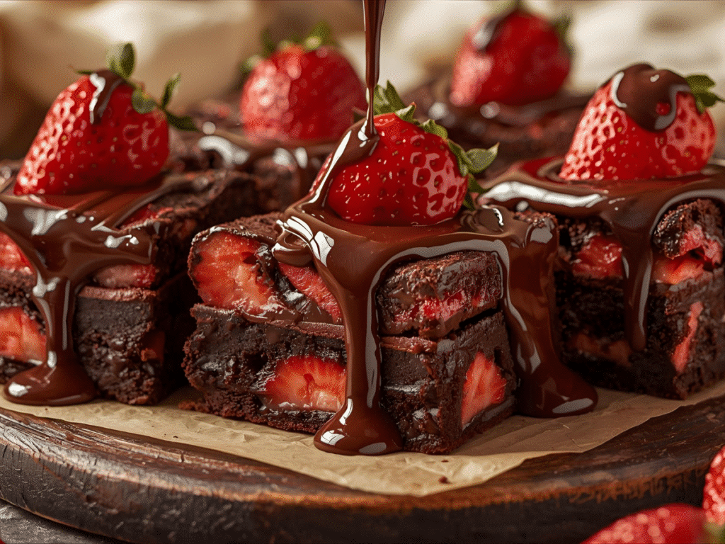 Overhead view of decadent chocolate covered strawberry brownies  fudgy chocolate brownies with fresh strawberries and ganache on a white ceramic plate, garnished with mint and dusted with powdered sugar. Filename: chocolate-brownies-strawberries-ceramic.jpg Caption: Fudgy chocolate strawberry brownies garnished with fresh mint and powdered sugar on a white plate. Description: Top-down shot featuring moist chocolate brownies topped with fresh strawberries and glossy ganache, accented with a light dusting of powdered sugar and fresh mint leaves on a white ceramic plate.