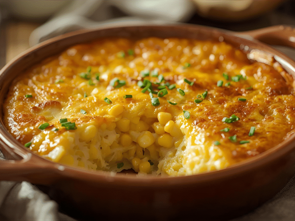 Alt: Creamy corn casserole with Jiffy mix and cheddar, flecked with green chilies and green onions.