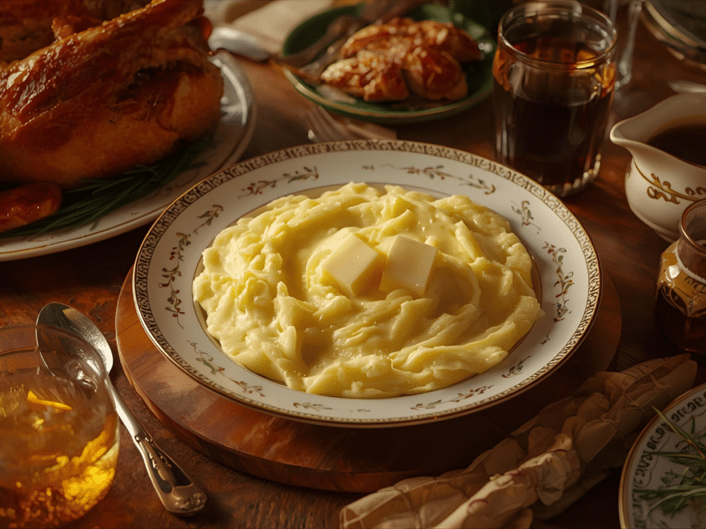 Feature v2: Alt: Velvety mashed potatoes swirled with melted butter, seasoned to taste;