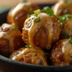 Overhead Korean BBQ Meatballs grid with sesame and scallions.​