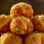 Close‑up Rotel Cream Cheese Sausage Balls showing moist interior and cheddar strands