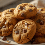 Bite‑shot Healthy Pumpkin Chocolate Chip Cookie showing chewy center and chips.​