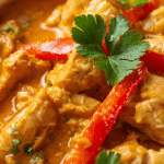 Close‑up Chicken Coconut curry showing glossy coconut milk sauce and red pepper strips.​
