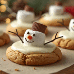 Alt Text: High-angle view of Melted Snowman Peanut Butter Cookies on a rustic wooden table, perfect for winter baking and holiday cookie boxes.