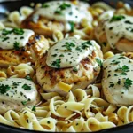 A family-style serving of One Pot Chicken with Buttered Noodles, showing the colorful contrast of golden chicken and green herbs.