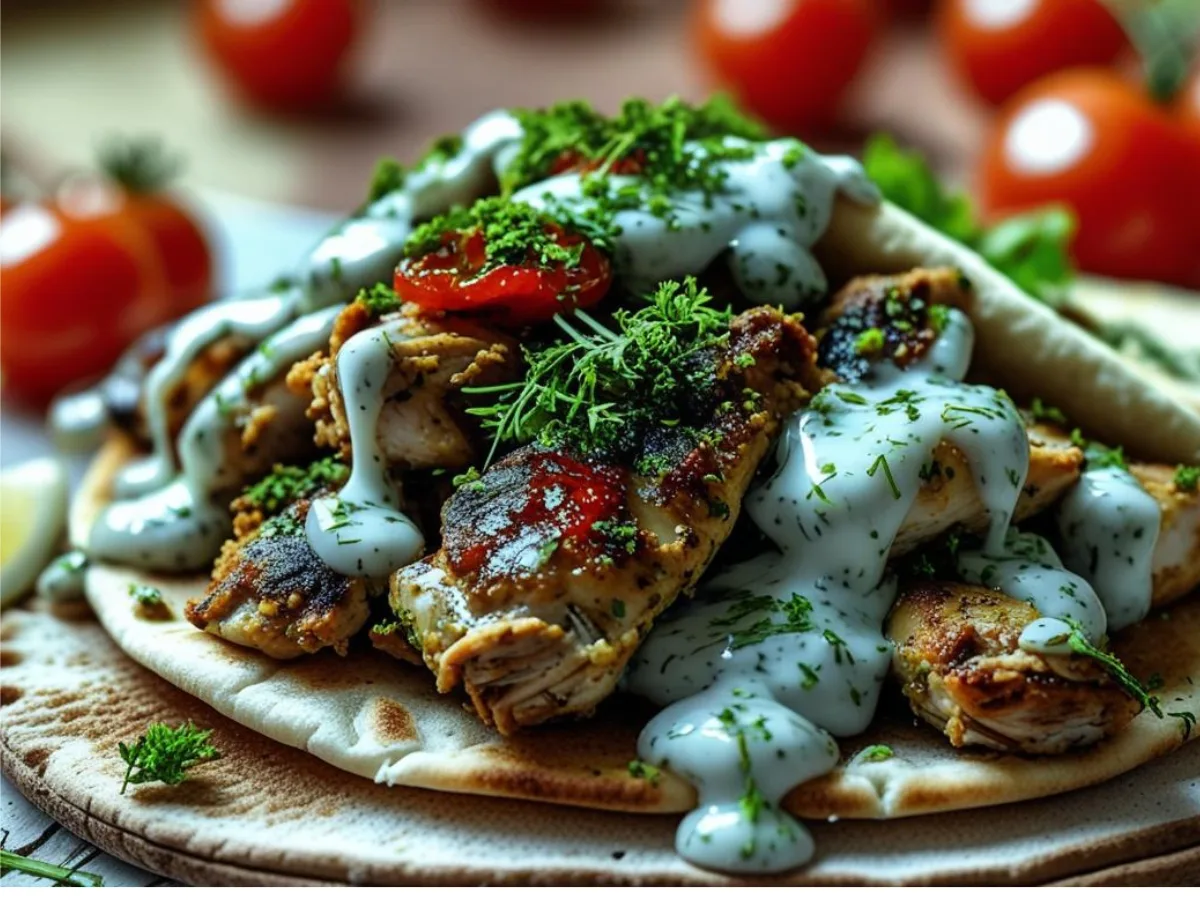 Juicy Chicken Shawarma with Yogurt Sauce on a platter