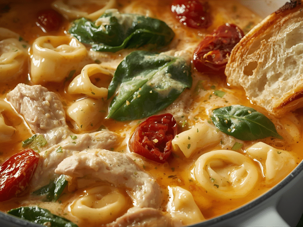 V1: Alt Text: Creamy Marry Me Chicken Tortellini Soup in a rustic bowl.