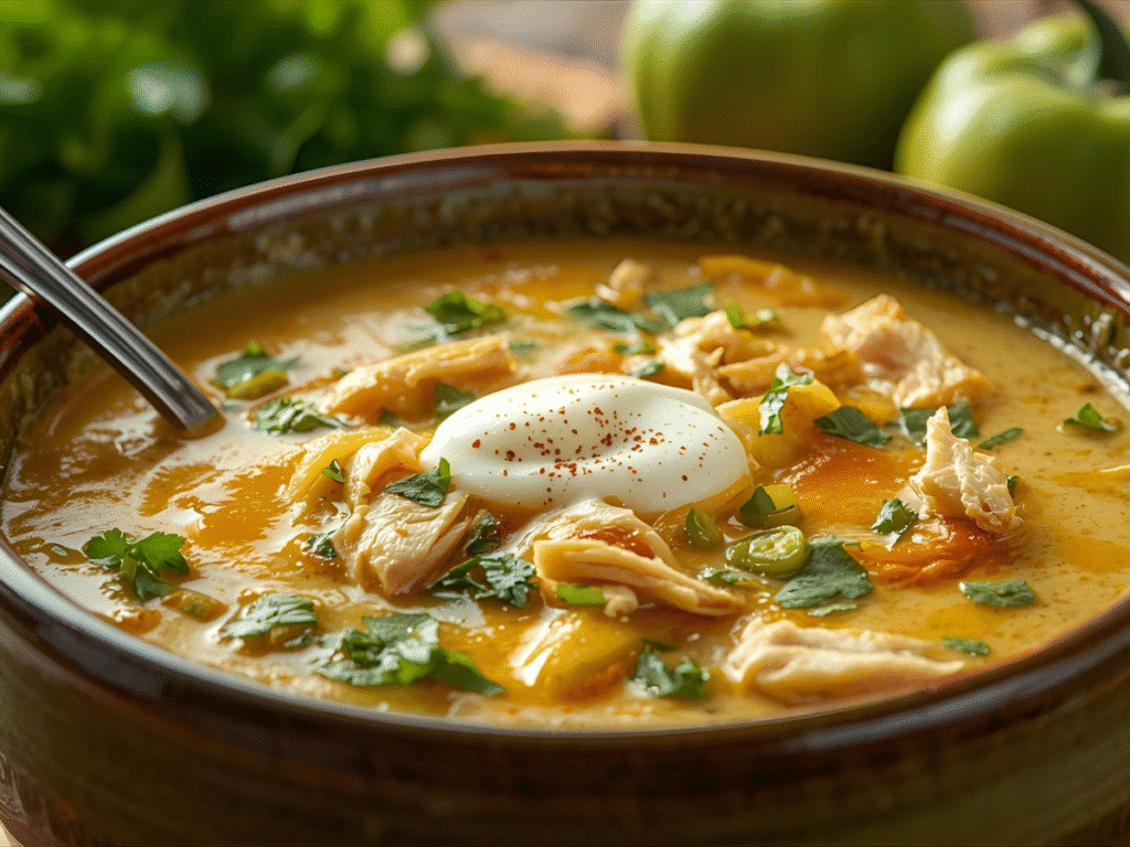 Creamy green enchiladas soup recipe served with lime and tortilla strips.