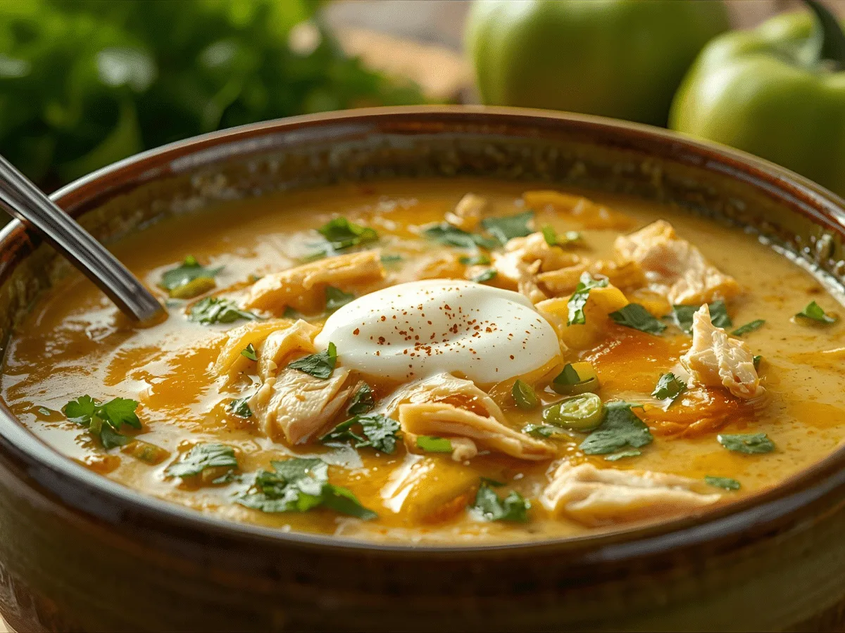 Creamy green enchiladas soup recipe served with lime and tortilla strips.