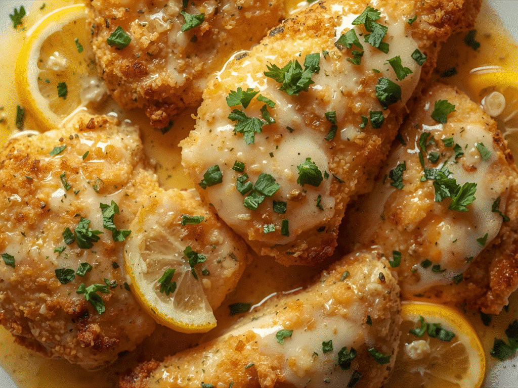 Crispy Lemon Chicken Romano Recipe plated with arugula