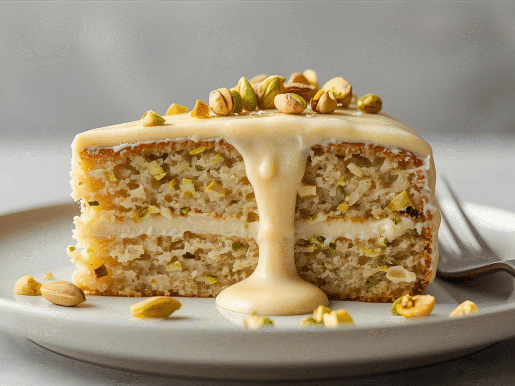 , Vegan Pistachio Tres Leches Cake Slice,
