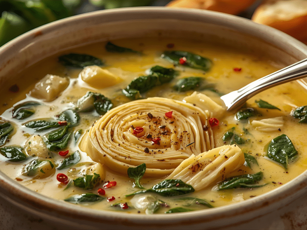 Alt Text: "Creamy Tuscan Artichoke Soup garnished with herbs and lemon zest in a rustic bowl.