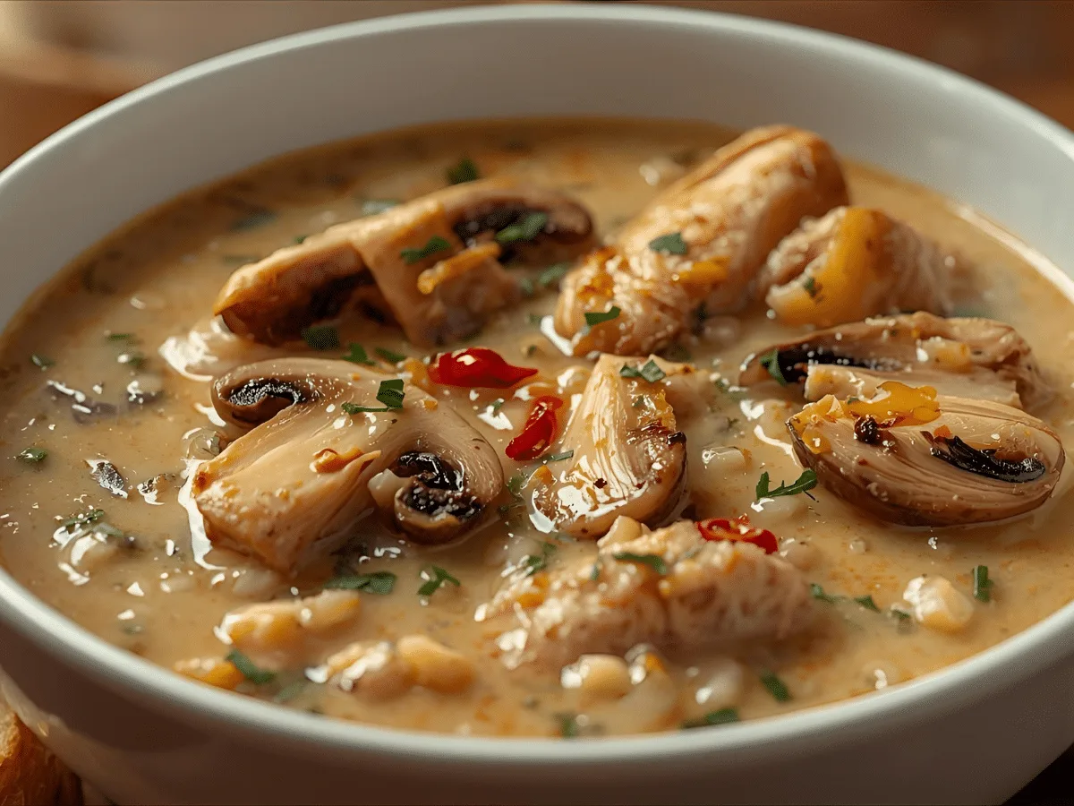 Creamy Mushroom Chicken and Wild Rice Soup in a white bowl.