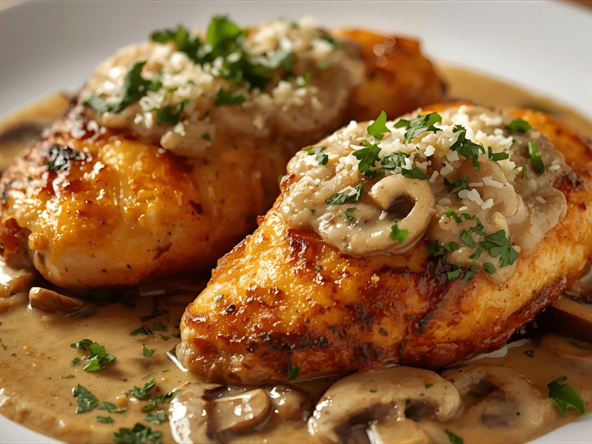 Mushroom Chicken stuffed with garlic butter and cheese served in a skillet.