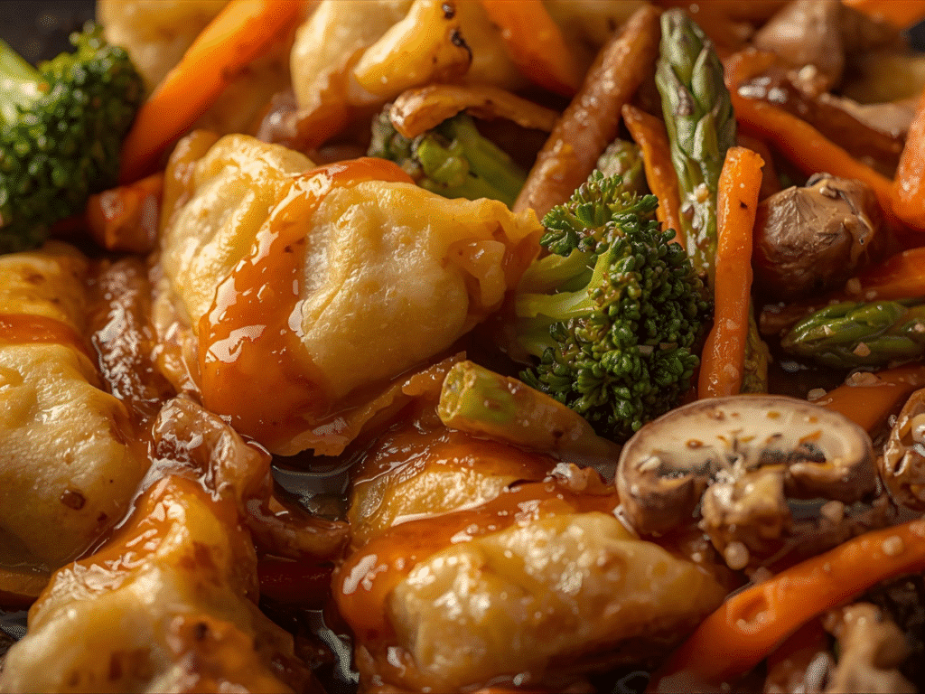 Sizzling Potsticker Stir Fry with bright vegetables in a skillet.