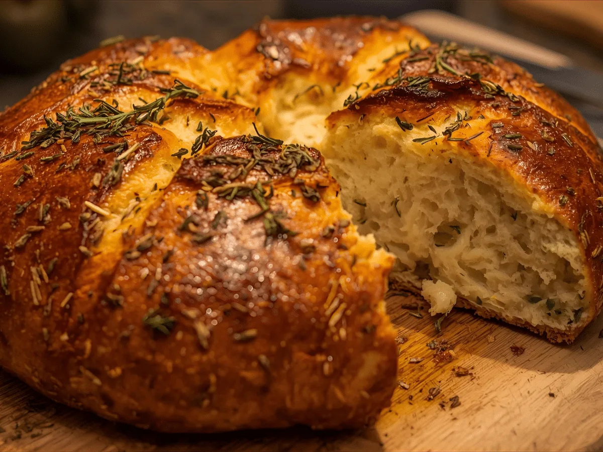 Easy Garlic Herb Dutch Oven Bread loaf on counter