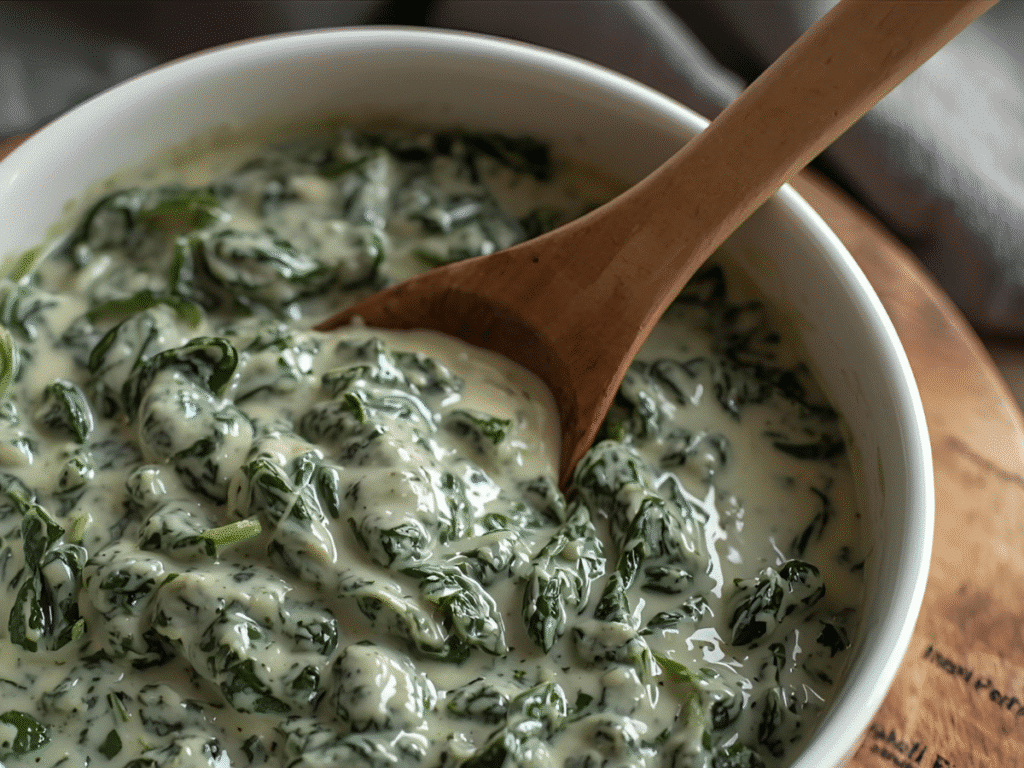 Bowl of creamy steakhouse style spinach garnished with nutmeg.