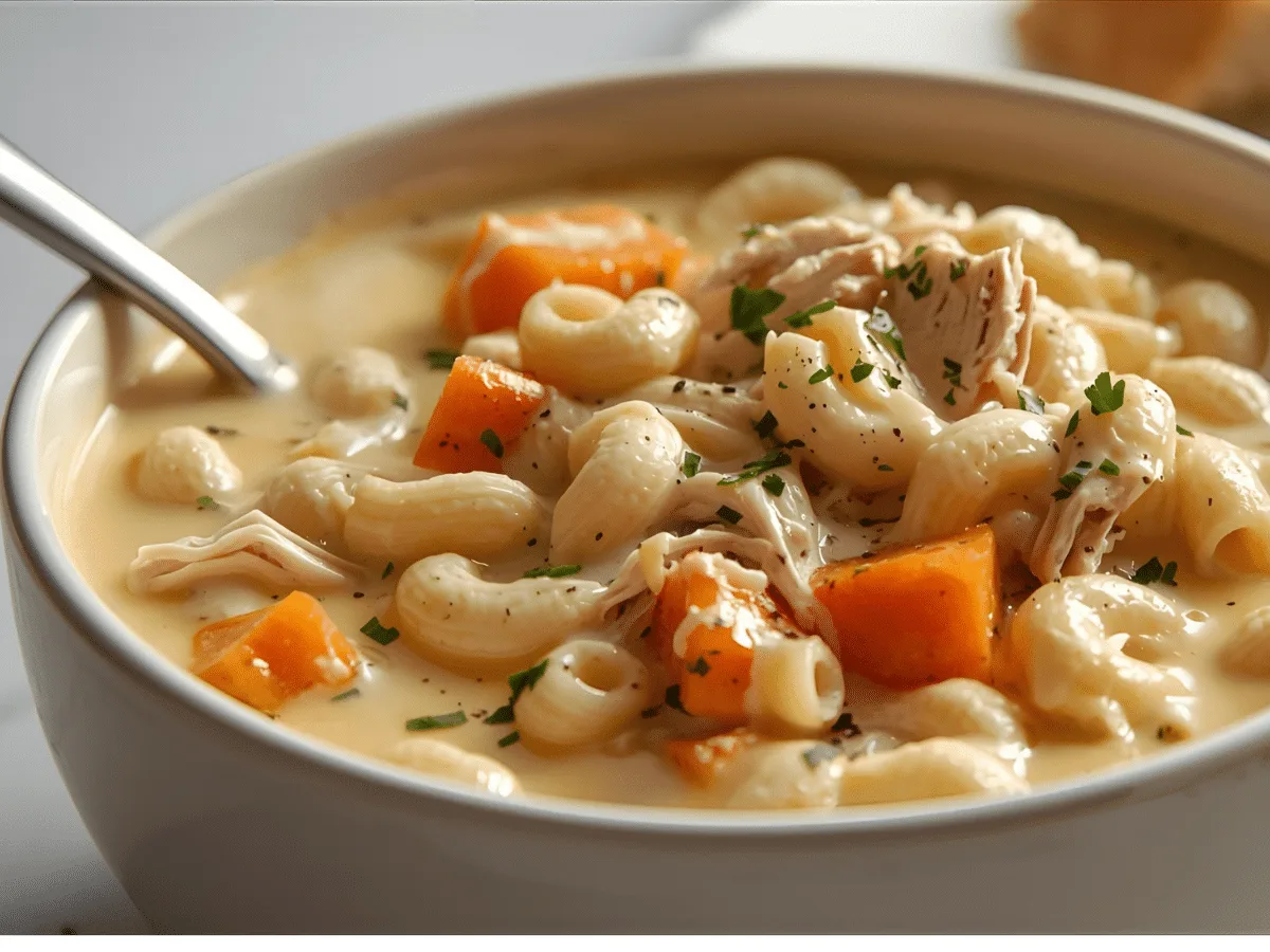 Creamy Chicken Macaroni Cheese Soup in a white bowl.