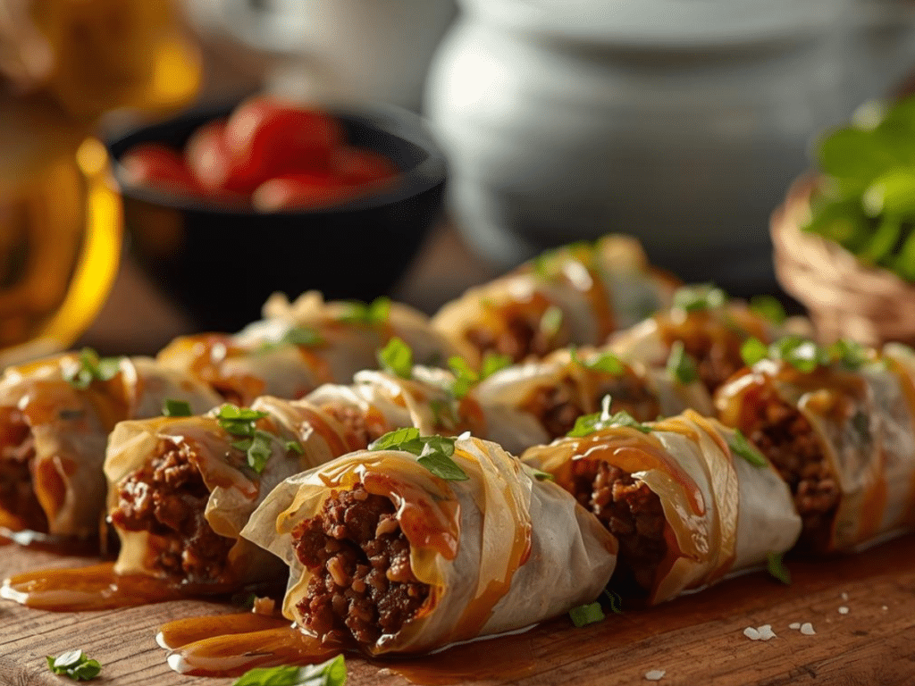 Alt Text: Fresh Thai Basil Beef Rolls served with dipping sauce on a wooden board.