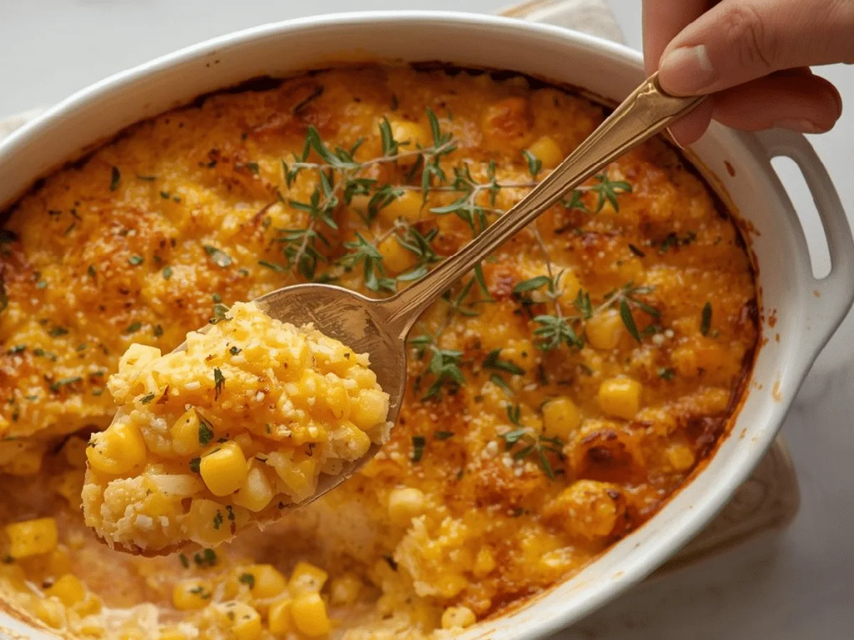 Alt Text: A golden-brown Nantucket Corn Pudding in a white ceramic baking dish, showing a creamy custard texture with whole sweet corn kernels and a buttery Ritz cracker crust.