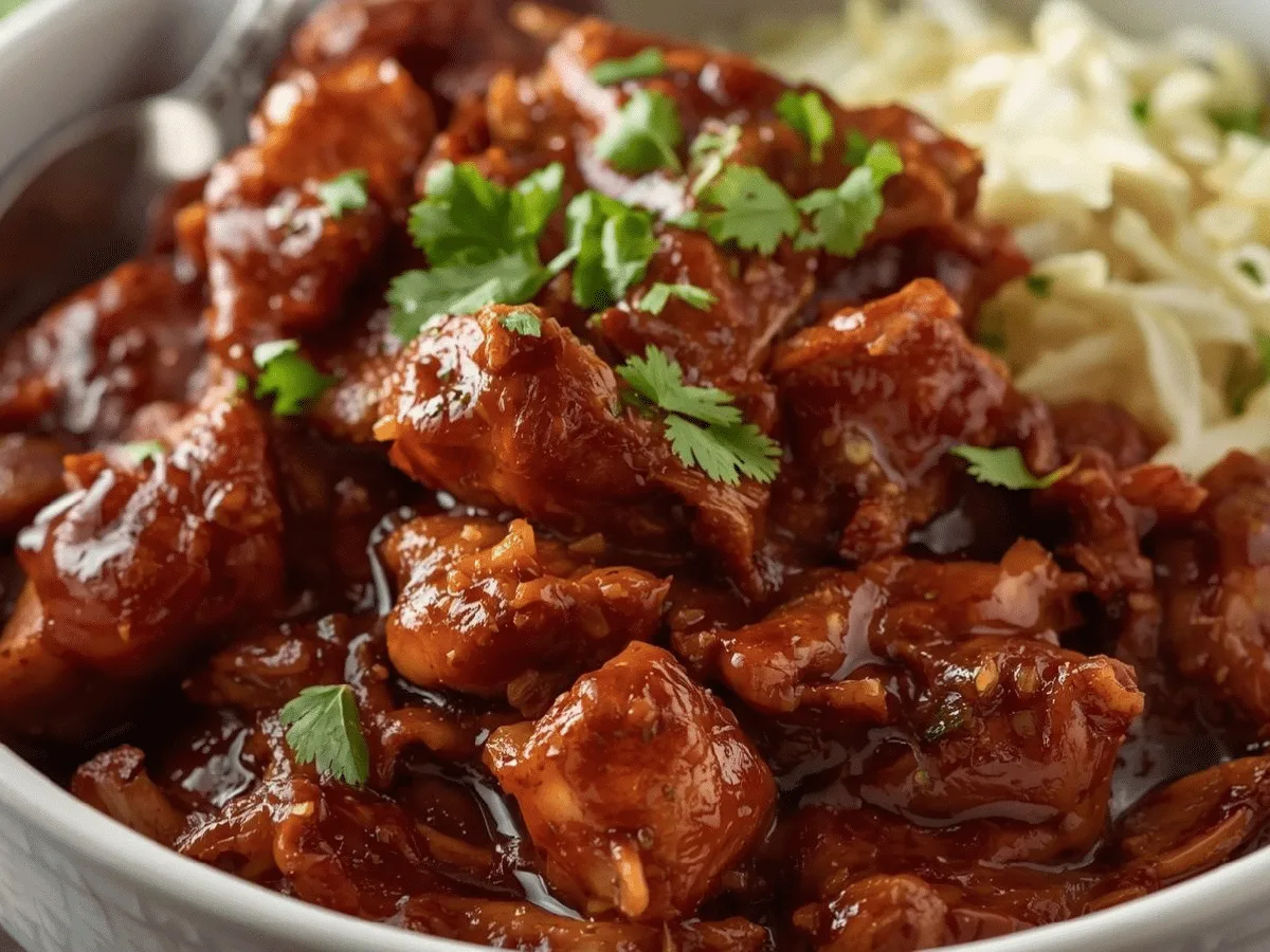 Alt Text: Deliciously shredded Crockpot BBQ chicken dripping with tangy sauce in a ceramic slow cooker.