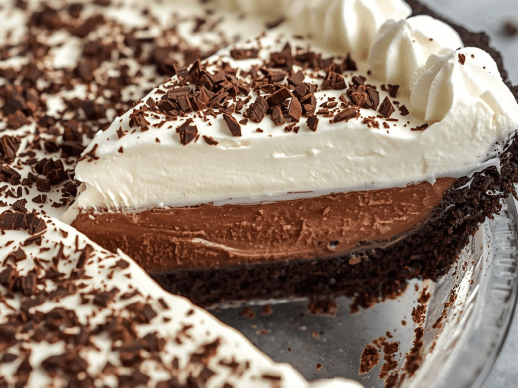 A close-up shot of a slice of homemade easy chocolate cream pie featuring a thick dark chocolate custard filling and a tall layer of fresh whipped cream.