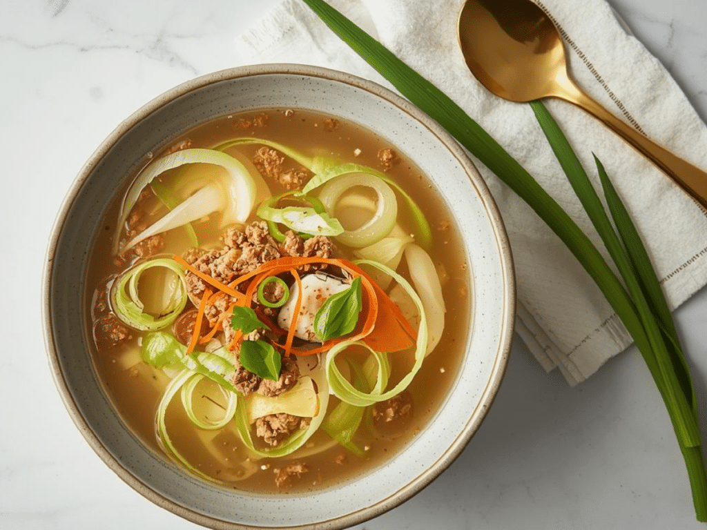 Alt Text: A steaming bowl of Healthy Ground Chicken Egg Roll Soup garnished with green onions and toasted sesame seeds on a rustic wooden table.