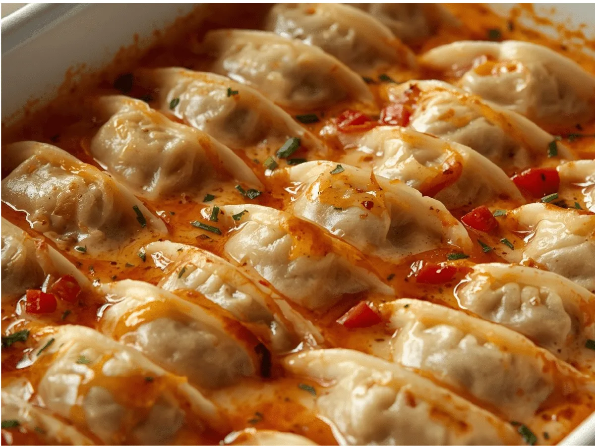 Vegan baked dumplings in coconut curry sauce.