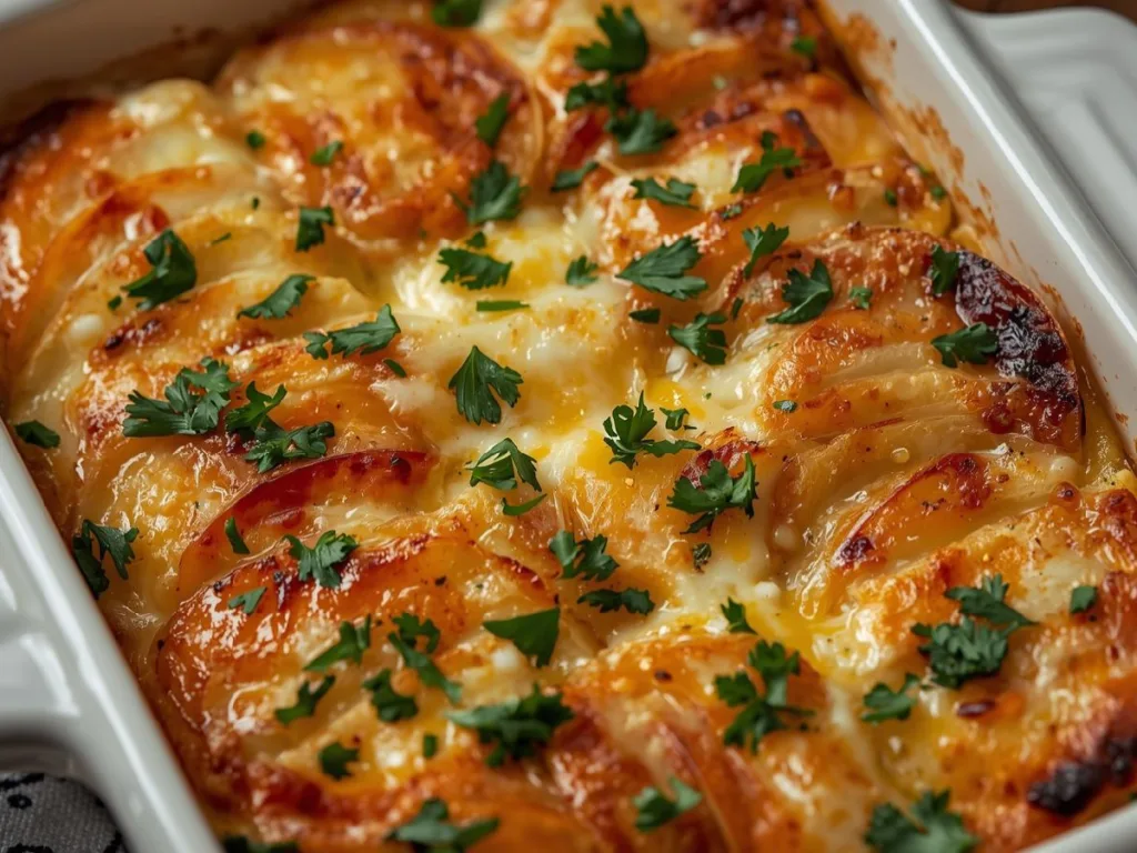 Golden brown Garlic Scalloped Sweet Potatoes in a ceramic dish showing layers of tender sweet potato slices and a bubbly cheese crust.