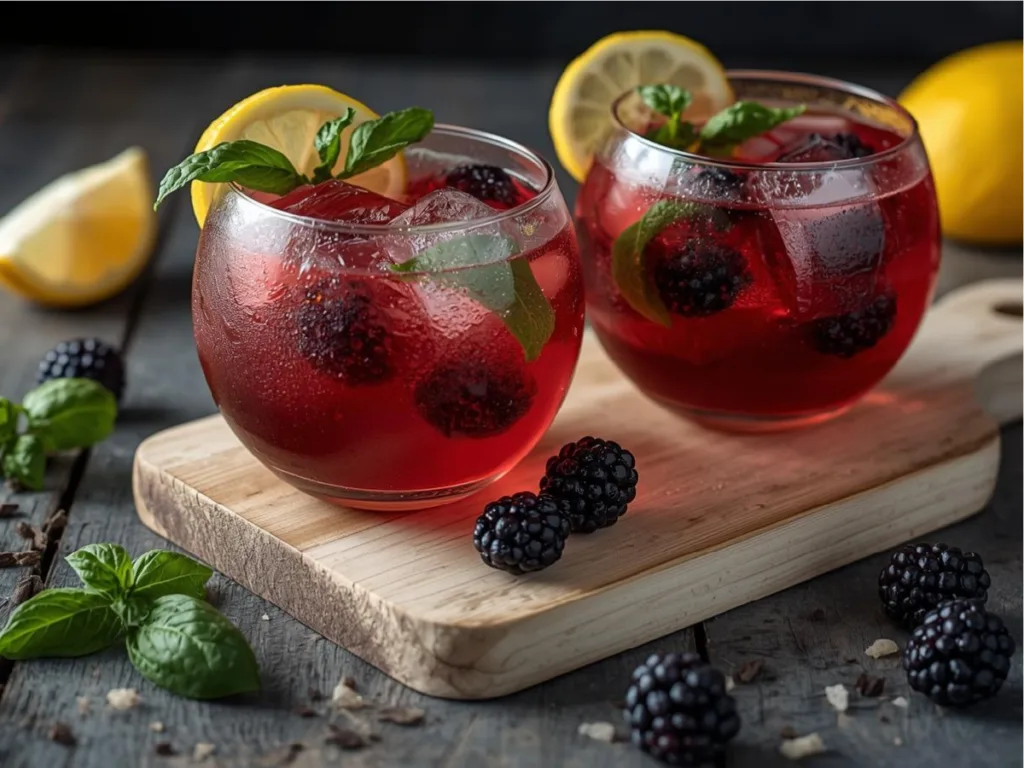 Alt Text: A tall glass of vibrant purple Blackberry Basil Lemon Lavender Mocktail garnished with fresh basil leaves and a lemon wheel on a marble surface.