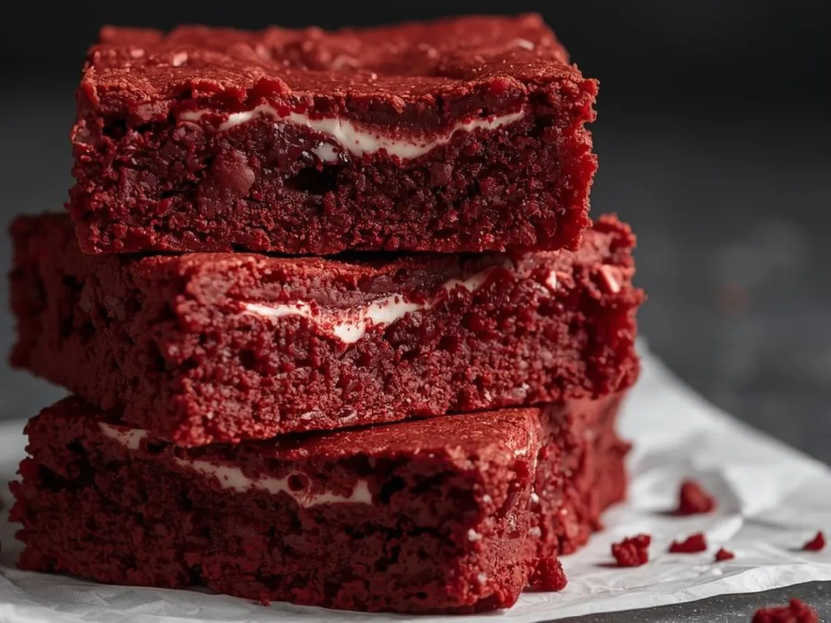 A close-up shot of fudgy red velvet brownies from scratch featuring a vibrant deep red color and thick, velvety cream cheese frosting on a white plate.