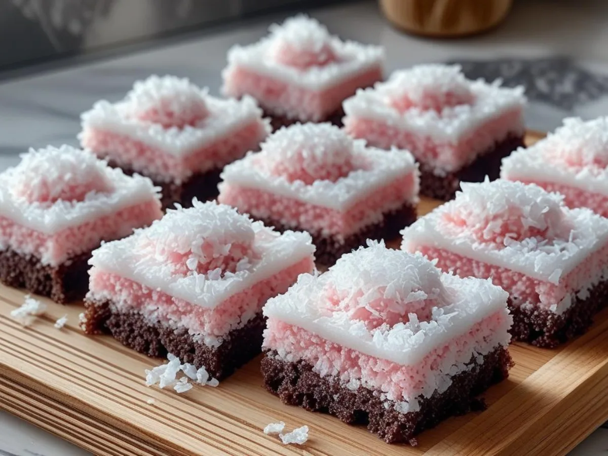 Alt Text: A close-up shot of Pink Coconut Snowball Cake Bars showing the moist chocolate cake base, fluffy marshmallow frosting, and vibrant pink shredded coconut topping.