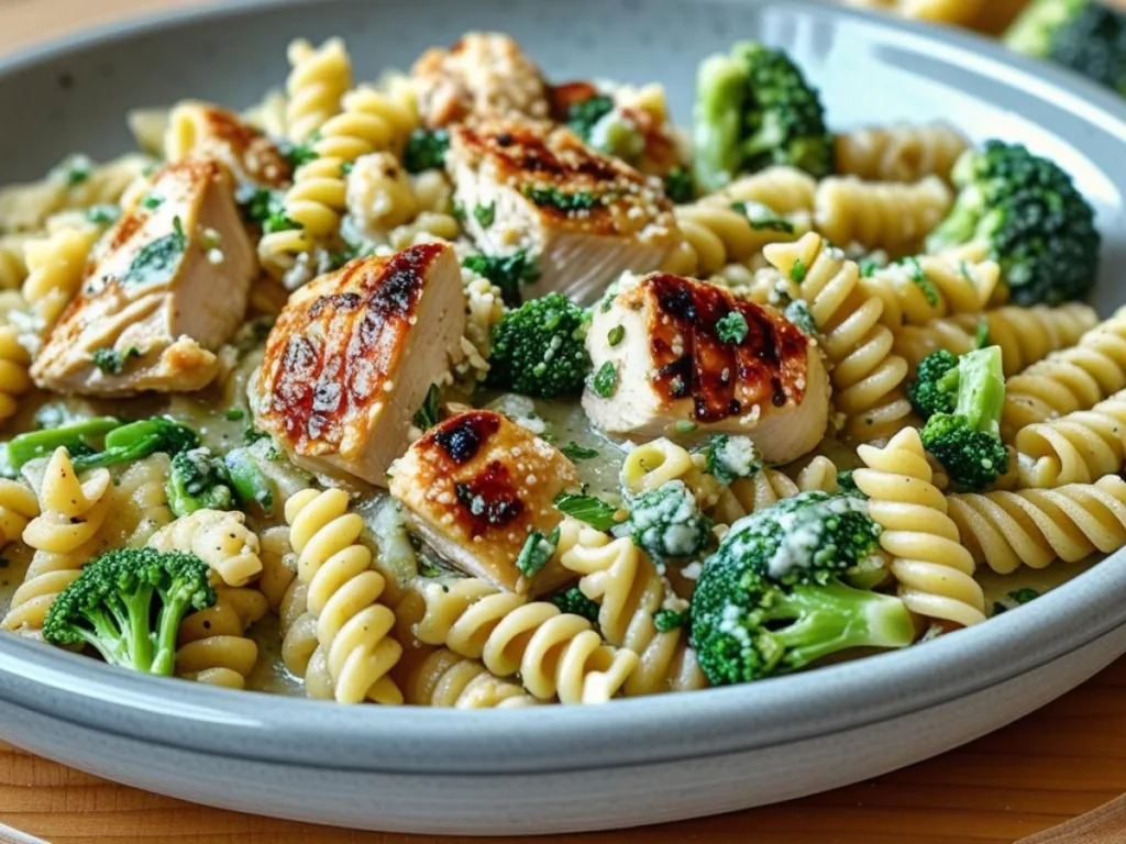 A steaming bowl of Rotisserie Chicken Broccoli Pasta with melted cheese and fresh herbs.