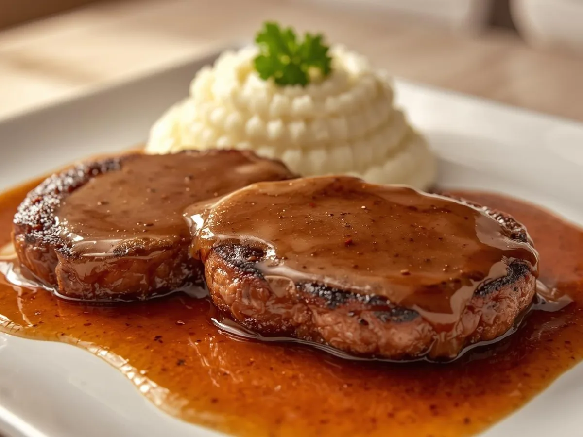 Alt Text: Close-up of juicy Hamburger Steaks with Brown Gravy and caramelized onions served over creamy mashed potatoes with fresh parsley.