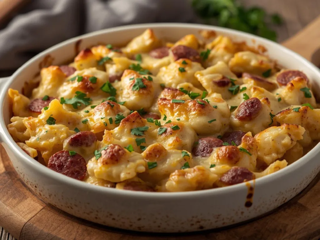 Creamy Crockpot Pierogi Casserole with sliced beef kielbasa and melted cheese.