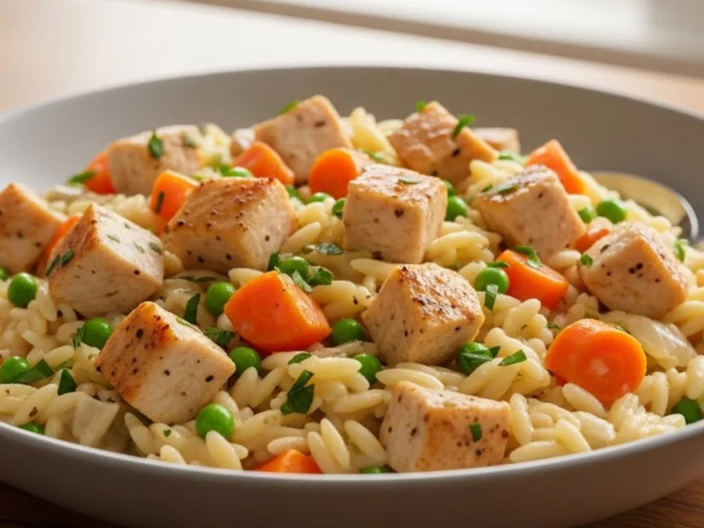 Creamy Cozy Chicken Pot Pie Orzo in a Dutch oven;