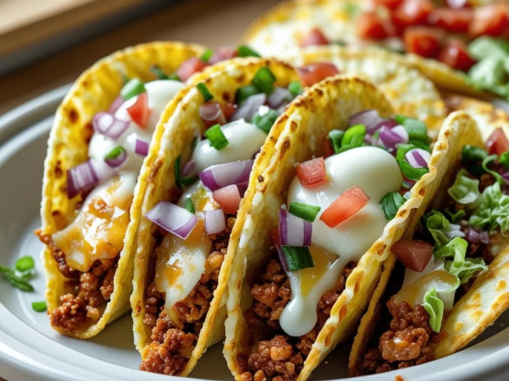 Crispy Oven Baked Cheesy Tacos on a baking sheet, featuring golden-brown shells and melted cheese, perfect for dinner recipes easy ground beef.