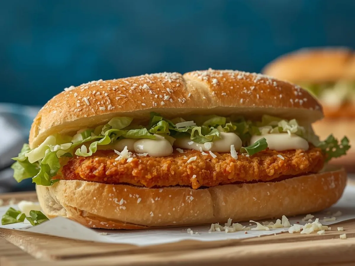 Crispy chicken caesar sandwich with parmesan cheese.