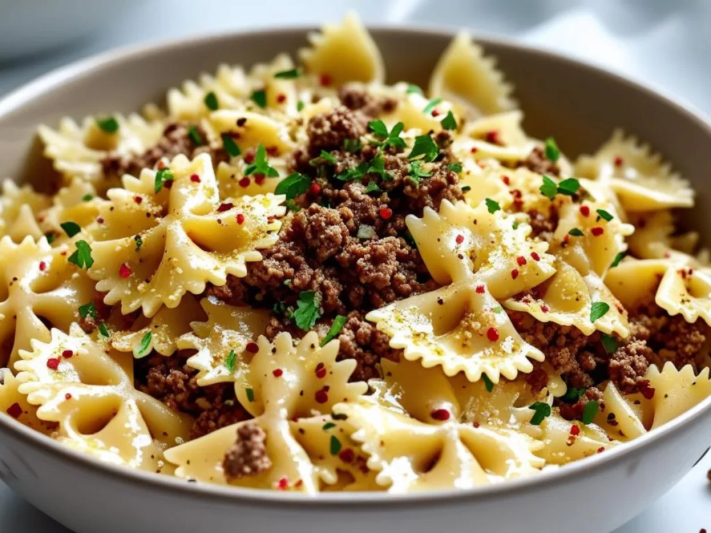 Garlic butter beef bowtie pasta in a skillet