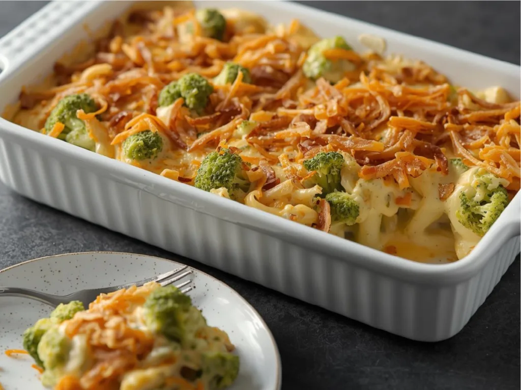 Creamy French Onion Broccoli Cheese Casserole in oven dish