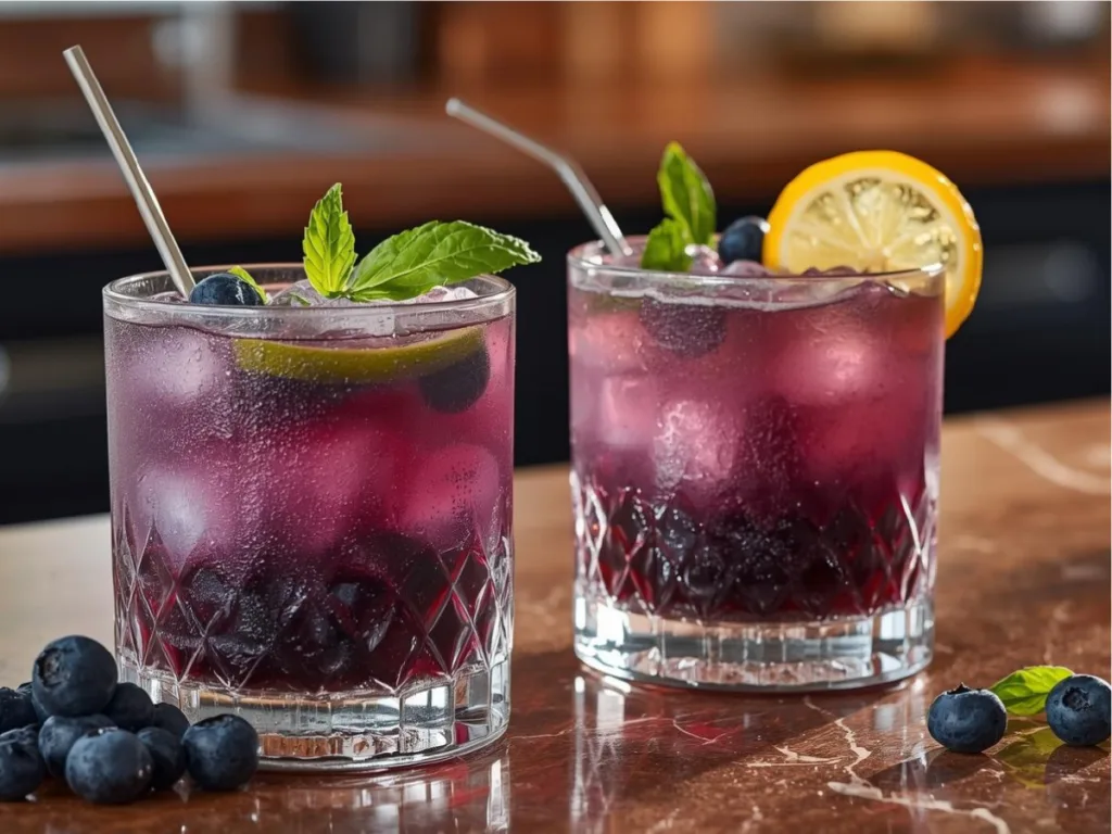 Refreshing Blueberry Basil Lemon Lavender Mocktail on a table.