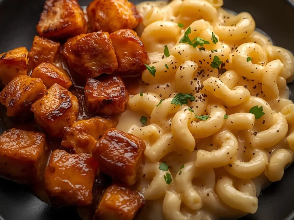 Honey Pepper Chicken Mac Cheese plate.