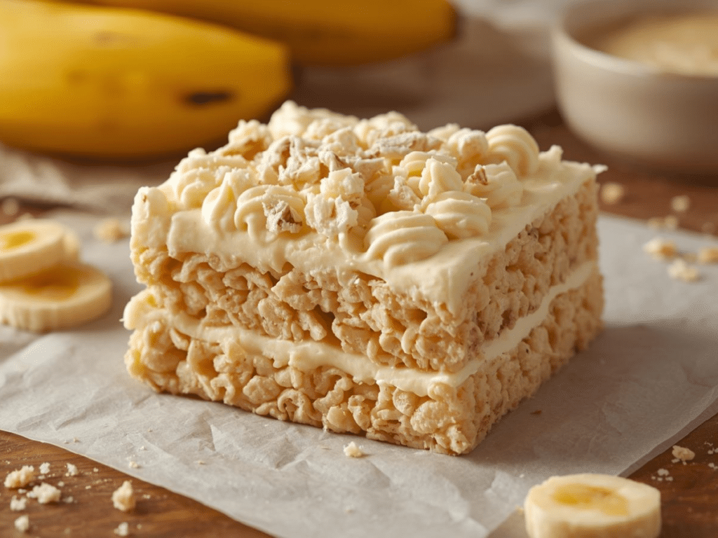 Deliciously thick Banana Pudding Rice Krispie Treats with crushed vanilla wafers.