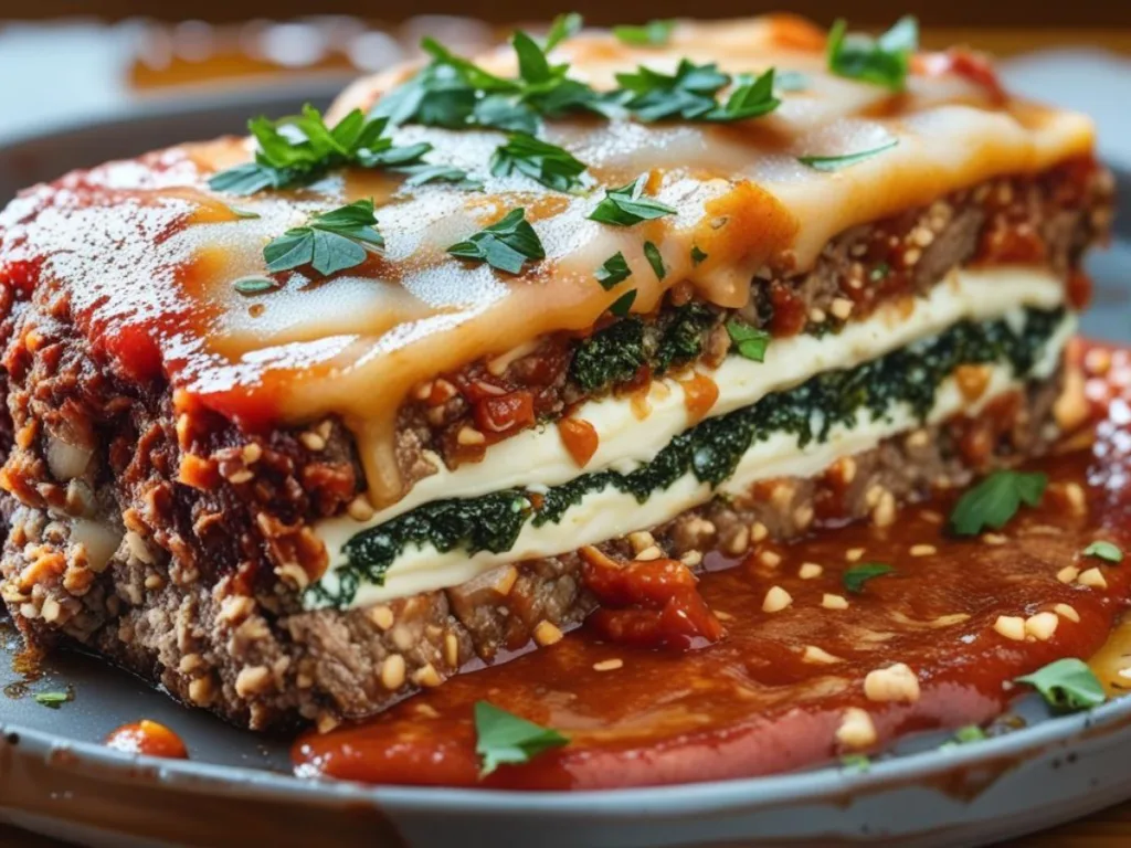 Sliced Stuffed Italian Meatloaf on plate.